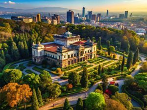 Vista panorámica del Bosque de Chapultepec con un lago en la Ciudad de México