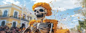 Banner del Día de los Muertos con elementos tradicionales mexicanos