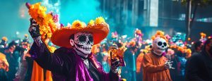 Banner colorido con calaveras y flores que representa el Día de los Muertos
