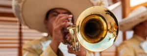 Grupo de Mariachis tocando instrumentos en traje tradicional